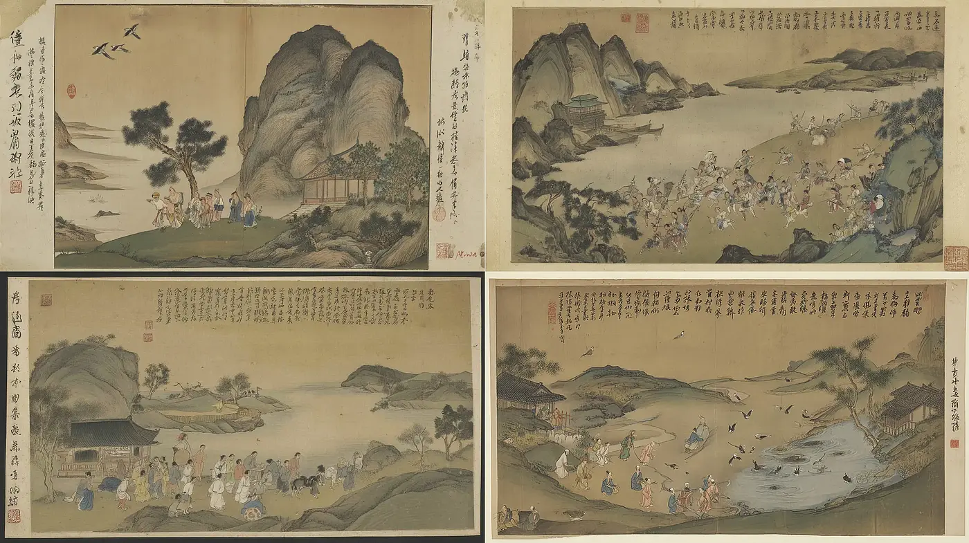 Traditional East Asian Artwork with Harmonious Natural Elements and Social Interaction - Midjourney sref style