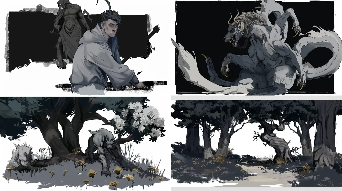 Monochromatic Fantasy: A Study in Grayscale Illustration - Midjourney sref style