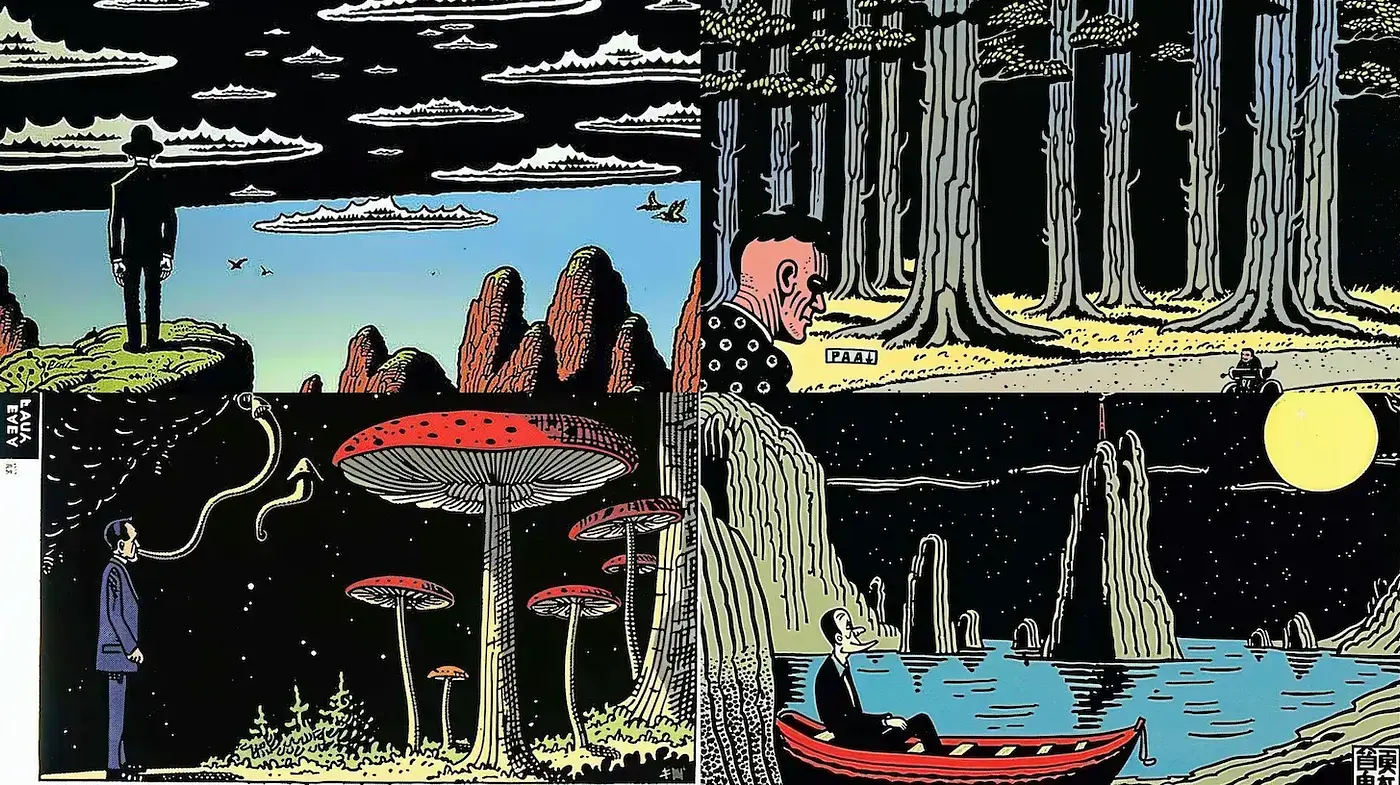 Surrealistic and Playful Landscape with a Retro Vibe - Midjourney sref style