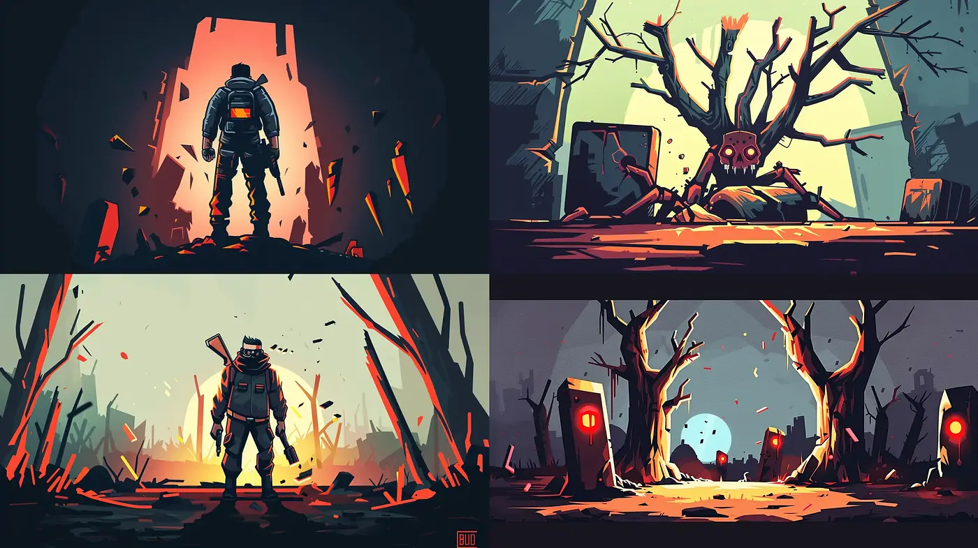 Post-Apocalyptic Dystopian Adventure in Stylized Digital Art - Midjourney sref style