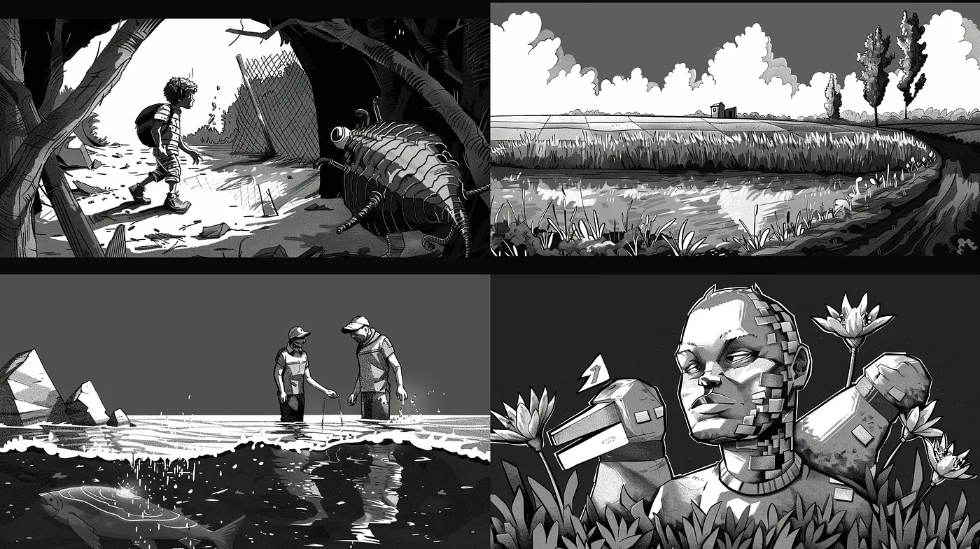 Monochromatic Visions: Nostalgic and Cinematic Graphic Novel Artistry - Midjourney sref style