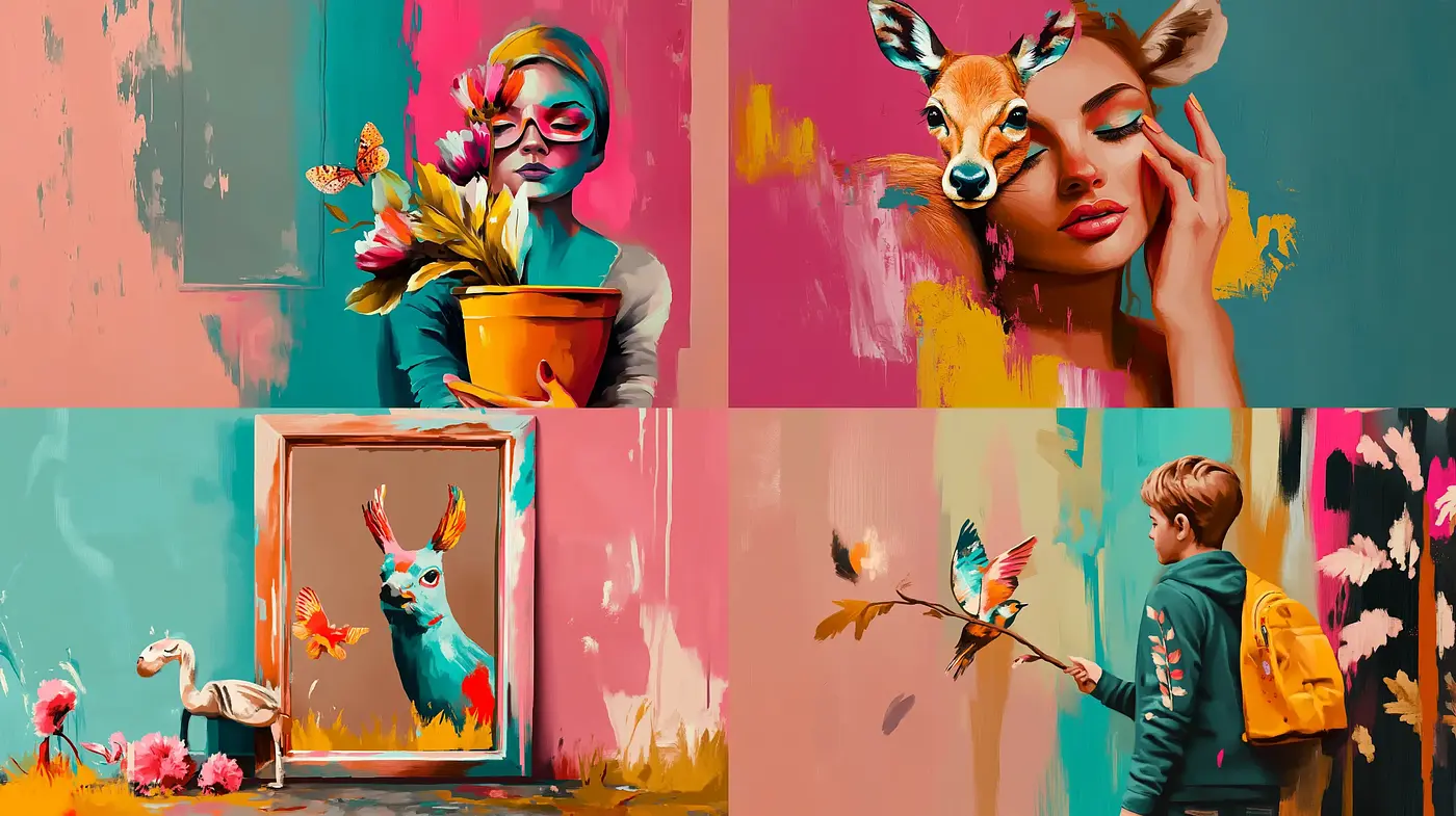 Vibrant Surrealist Fusion in Painted Textures - Midjourney sref style