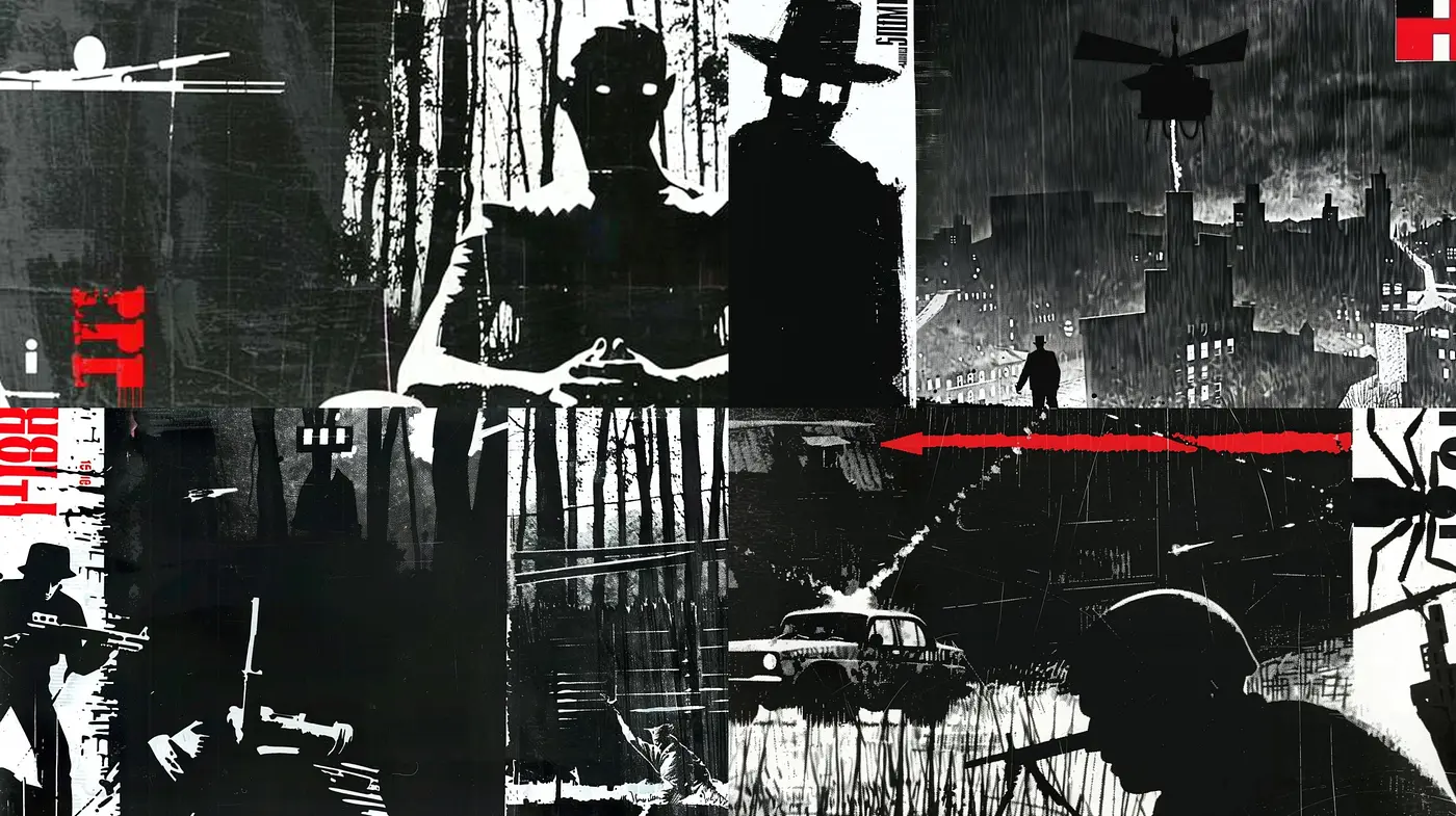 Noir-Inspired Monochromatic Mosaic with a Dash of Red - Midjourney sref style