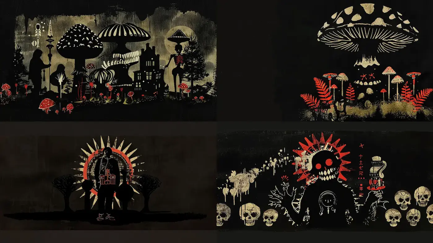 Darkly Whimsical Illustrations with Macabre Elements - Midjourney sref style
