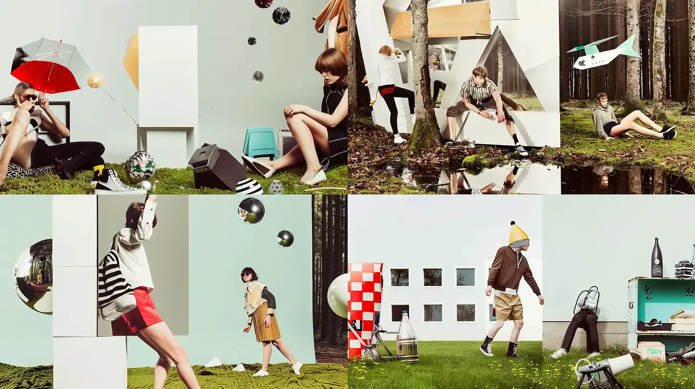 Contemporary Playful Imagery with Geometric Elements and Nature - Midjourney sref style