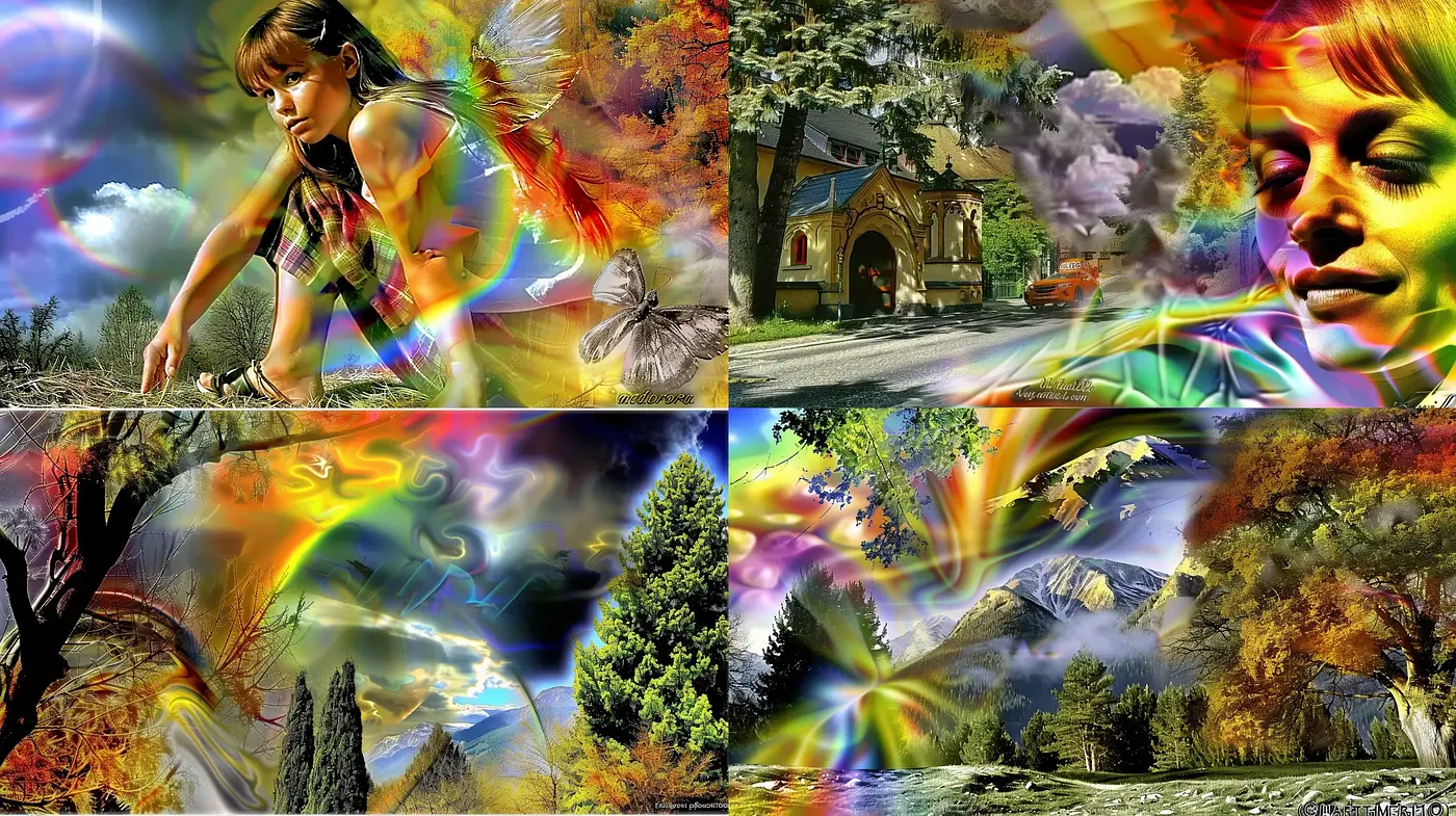 Surrealistic Dreamscape with Prismatic Nature Elements - Midjourney sref style