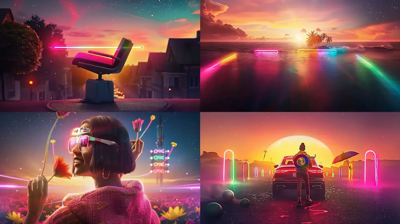 Vibrant Neon Dreamscape with Retro Futurism Influences - Midjourney sref style