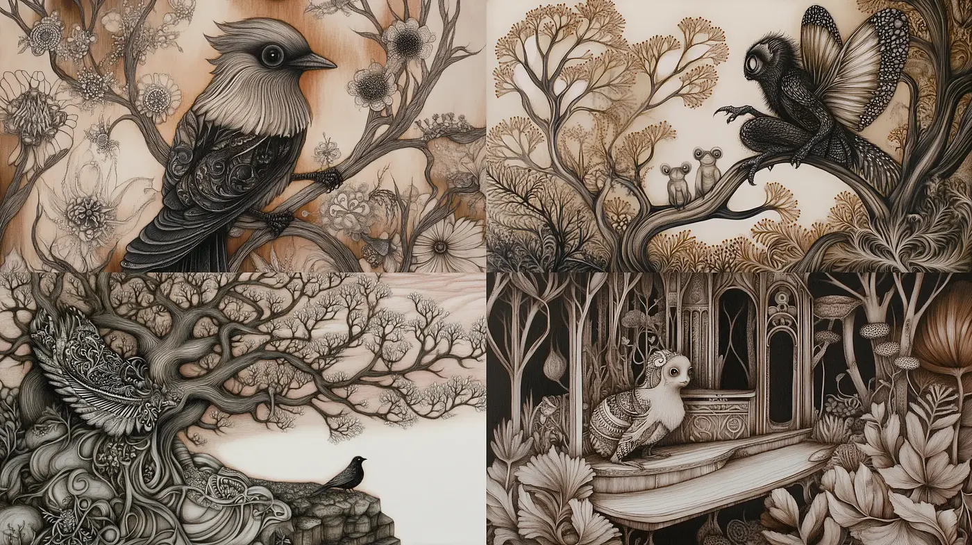 Monochrome Botanical Dreamscapes with Avian Motifs - Midjourney sref style