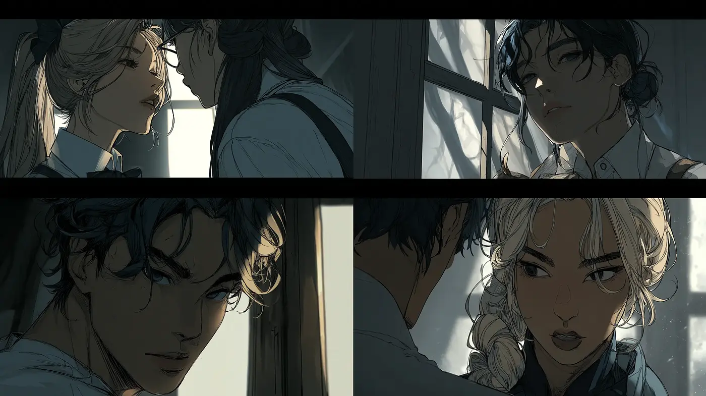 Stylized Romantic Illustrations with Dramatic Lighting and Emotive Faces - Midjourney sref style