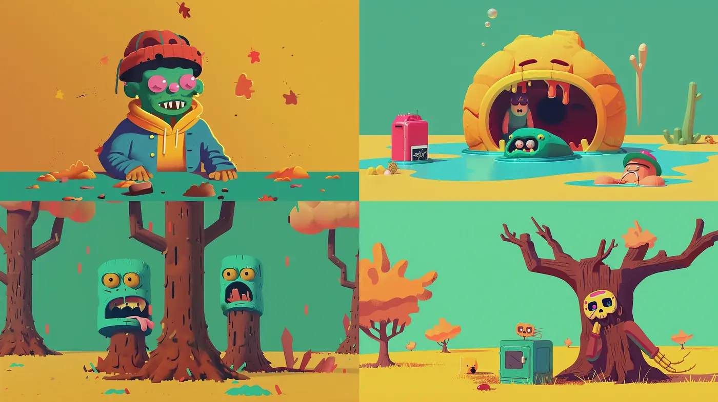 Whimsical Autumn Hues and Stylized Cartoonish Forms - Midjourney sref style
