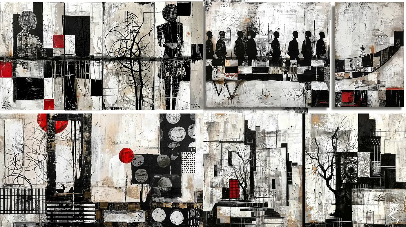 Abstract Urban Narratives in Monochrome with Red Accents - Midjourney sref style
