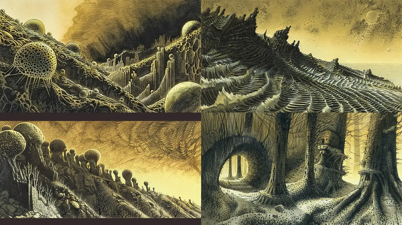 Ethereal Biomechanical Dreamscape in Sepia Tones - Midjourney sref style