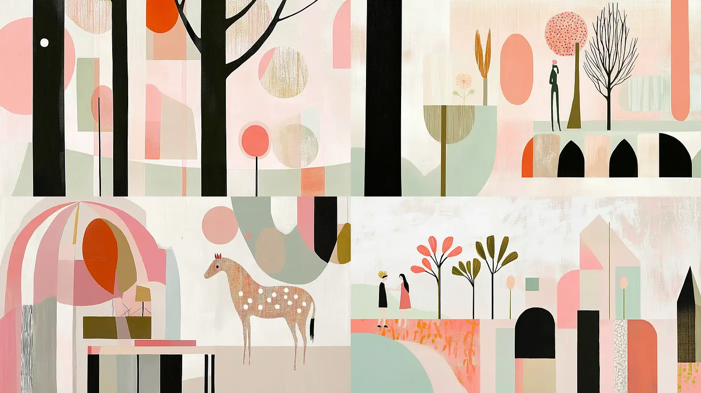 Contemporary Whimsical Landscape Art with Pastel Tones and Stylized Forms - Midjourney sref style