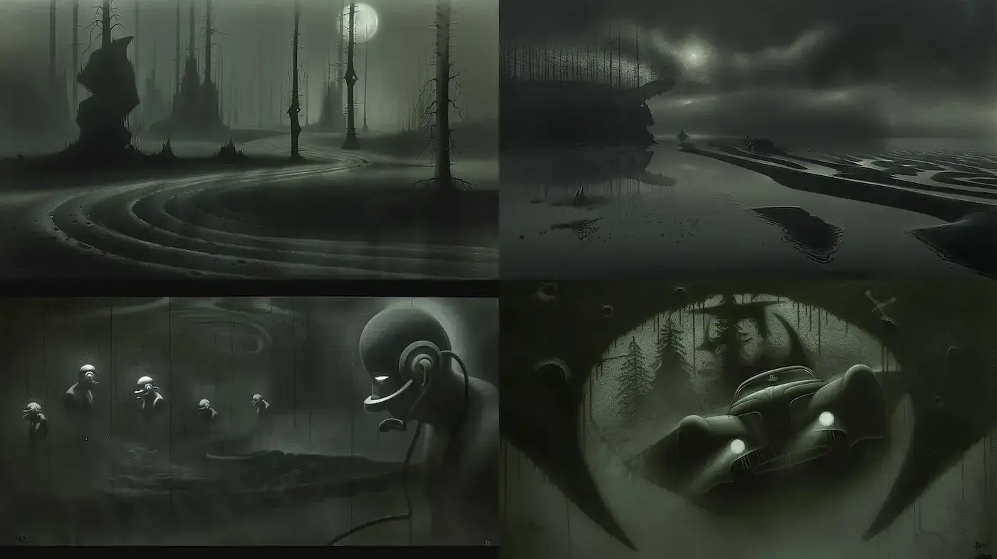 Dark Surrealism with a Futuristic Twist in a Monochromatic Palette - Midjourney sref style