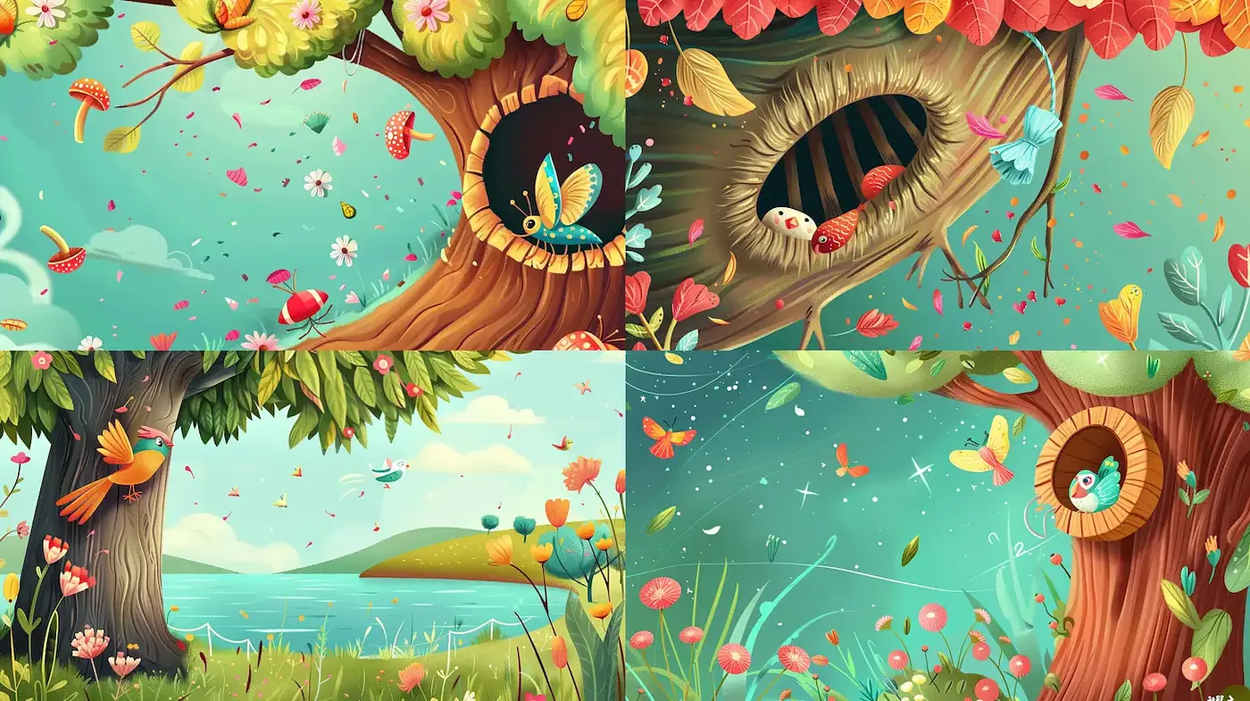 Whimsical and Vibrant Nature Illustrations with Playful Characters - Midjourney sref style