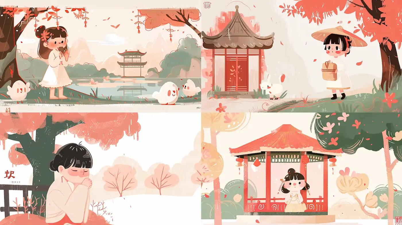 Charming and Whimsical Illustrations Featuring Playful Elements in an Enchanting Landscape - Midjourney sref style