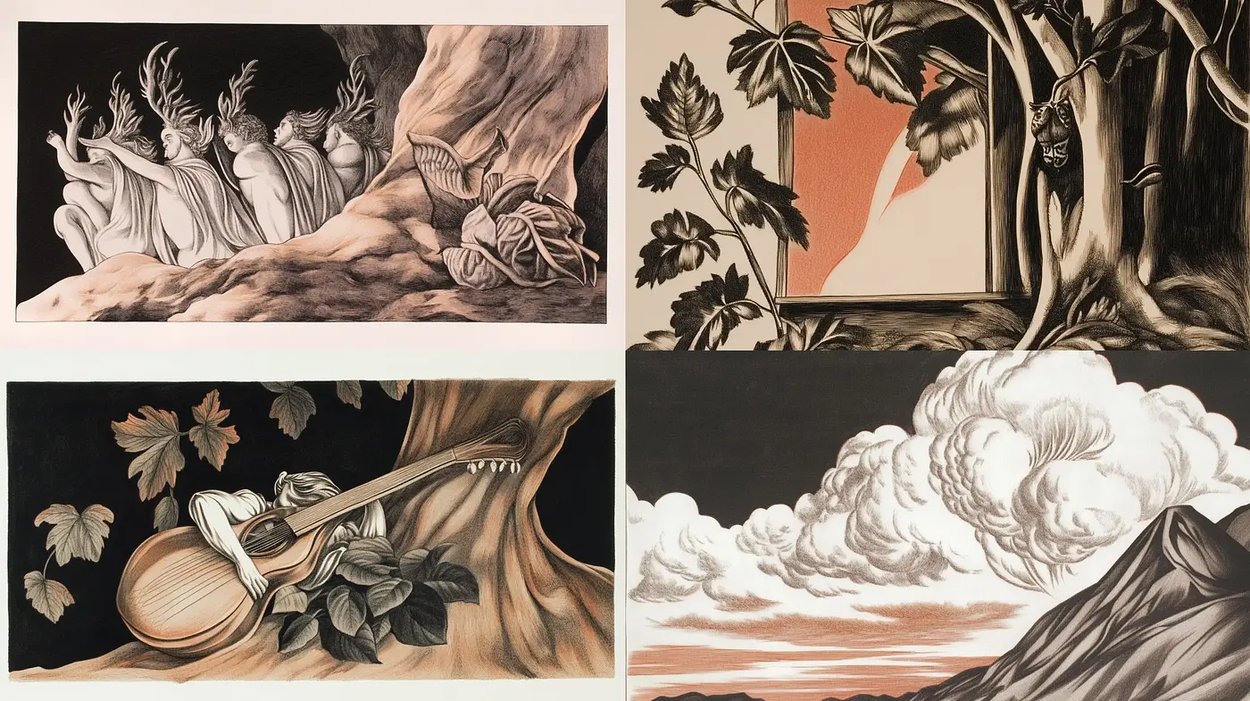 Sepia-toned Allegorical Dreamscapes in Surreal Vintage - Midjourney sref style