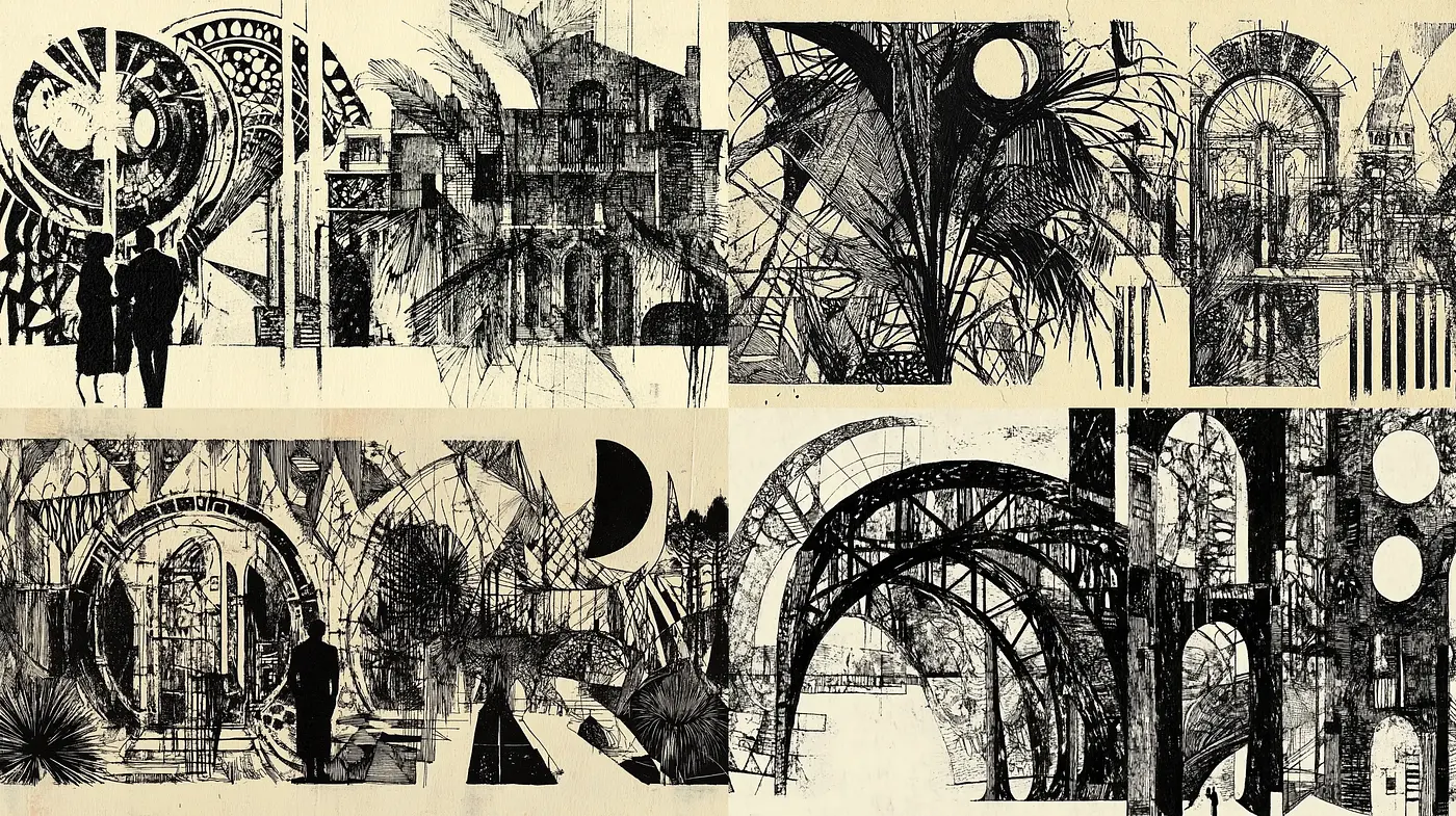Monochromatic Intrigue: A Fusion of Architectural Grandeur and Abstract Expressionism - Midjourney sref style