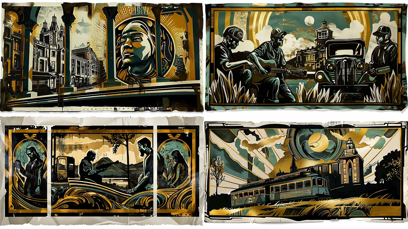Nocturnal Echoes in Sepia: A Retro-Futuristic Art Deco Revival - Midjourney sref style