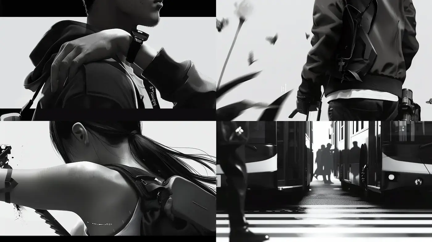 Dynamic urban noir with sleek character designs and striking contrasts - Midjourney sref style
