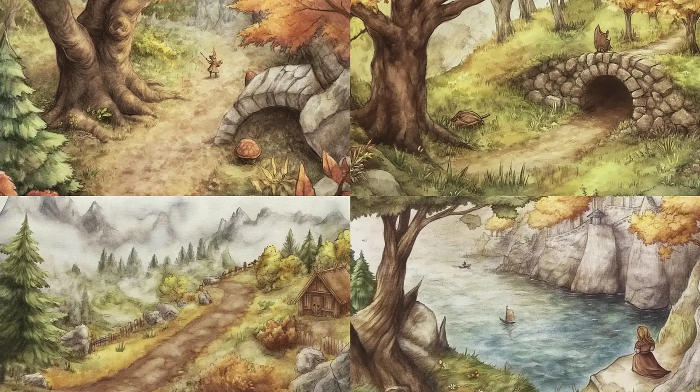 Whimsical Rustic Landscapes in Washed Watercolor Tones - Midjourney sref style