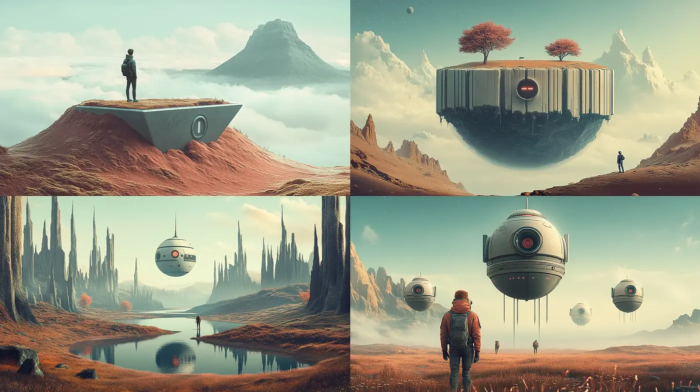 Surreal Landscapes with Ethereal Atmospherics and Retrofuturistic Elements - Midjourney sref style