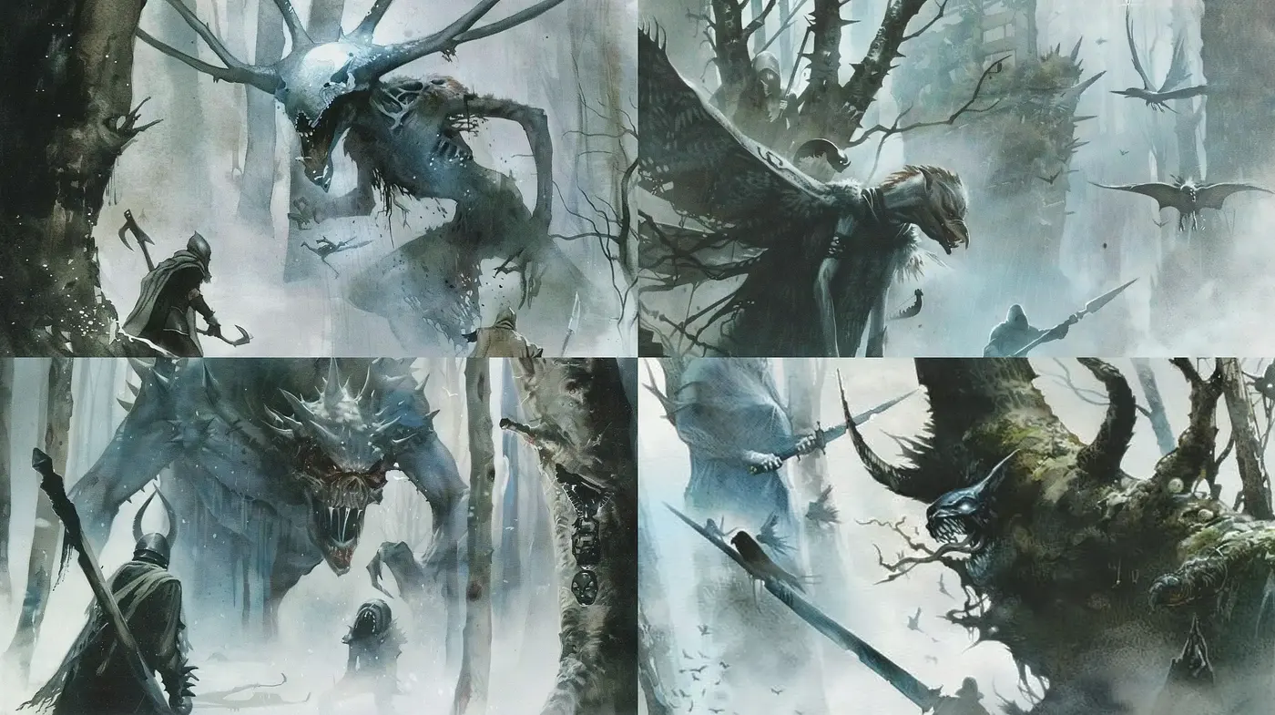 Ethereal Gothic Fantasy: A Consistent Exploration in Chiaroscuro and Textured Imagination - Midjourney sref style