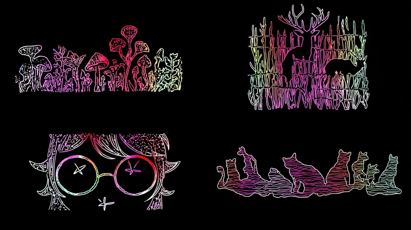 Colorful line art with whimsical natural themes and playful character expressions - Midjourney sref style