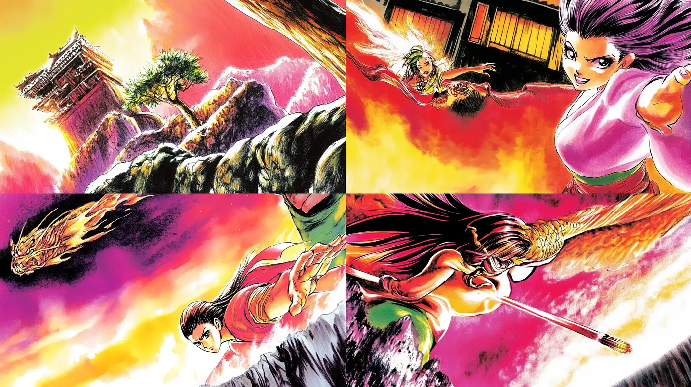 Energetic Brushstrokes in Vivid Manga-Inspired Tableau - Midjourney sref style