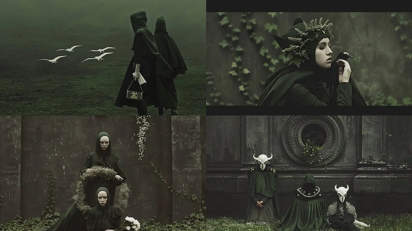 Ethereal Monochrome Enchantment: A Study in Verdant Shadows and Textural Mystique - Midjourney sref style