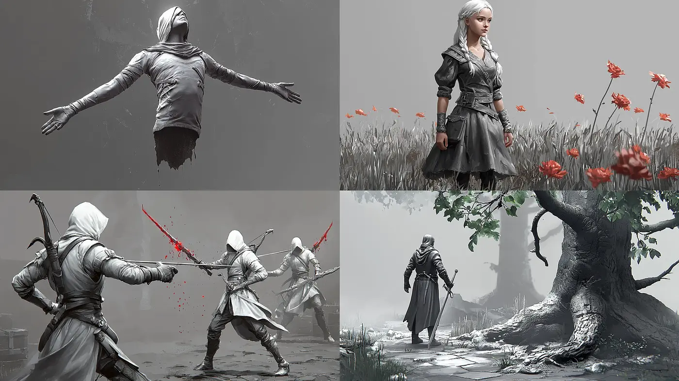 Monochromatic Essence with Striking Red Accents - Midjourney sref style