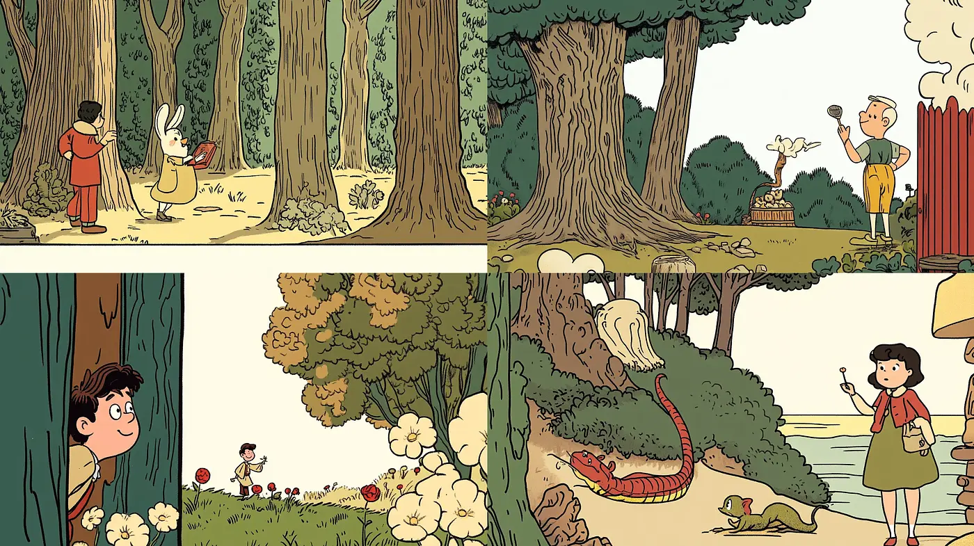 Whimsical Forest Adventures in Stylized Comic Illustration - Midjourney sref style