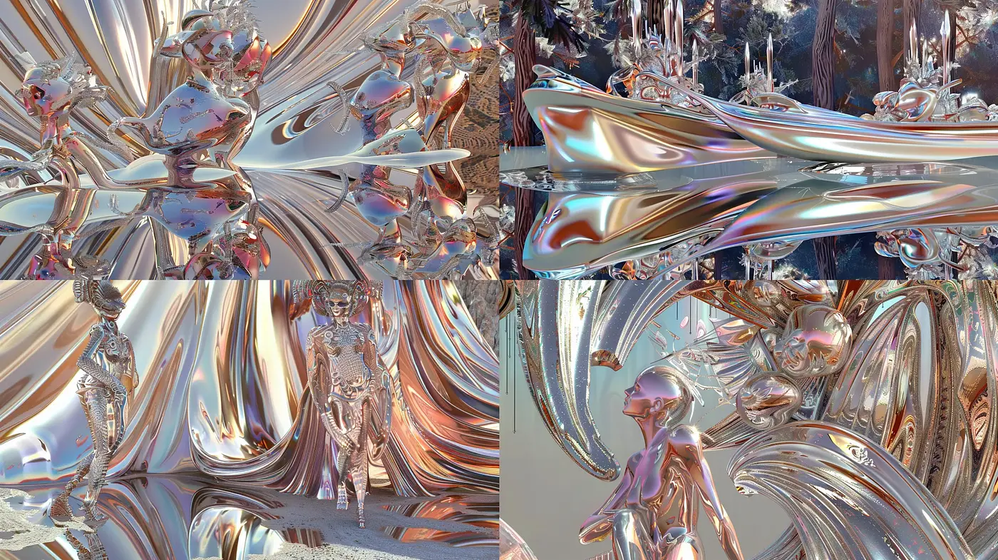 Fluid Metallic Dreamscape: A Harmonious Blend of Reflective Surfaces and Organic Contours - Midjourney sref style