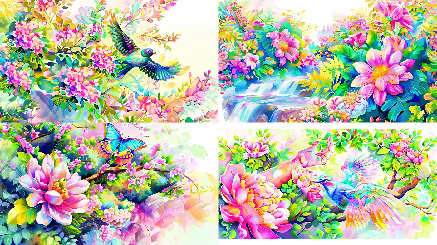 Luminous Garden Dreamscape: A Burst of Florals and Fauna in Radiant Brushstrokes - Midjourney sref style