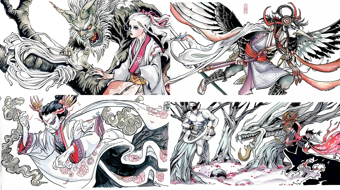 Ethereal Myths of Ink and Elegance: A Fusion of Traditional Asian Artistry and Fantasy Storytelling - Midjourney sref style