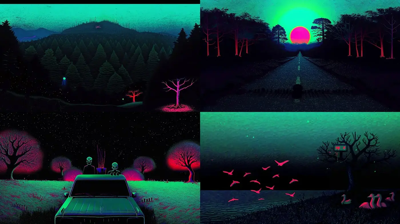 Surreal Neon Landscape with a Dreamlike Aesthetic - Midjourney sref style