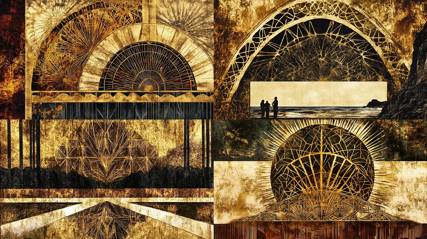 Decadent Sepia Symmetry: Echoes of a Rustic Industrial Revolution - Midjourney sref style