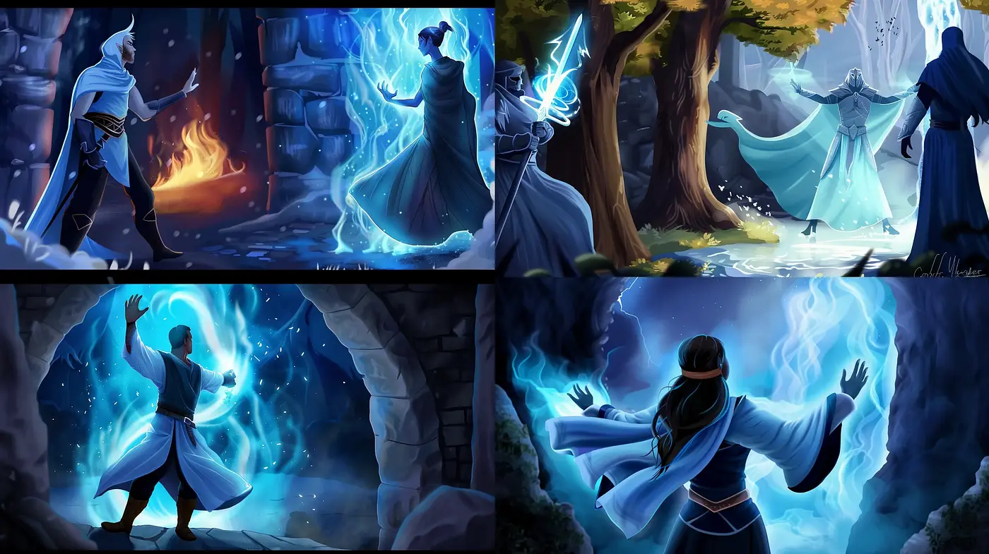 Mystical Enchantment in Digital Ethereal Blues: A Consistent Vision Across Varied Scenes - Midjourney sref style