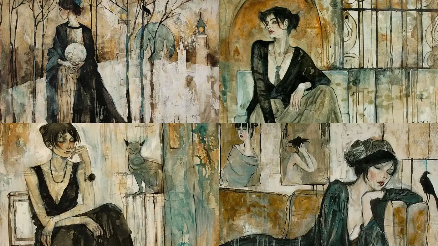 Melancholy Elegance in Muted Watercolor Shades - Midjourney sref style