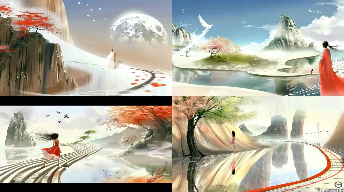 Ethereal Eastern Landscapes with Serene Monochromatic Figures - Midjourney sref style