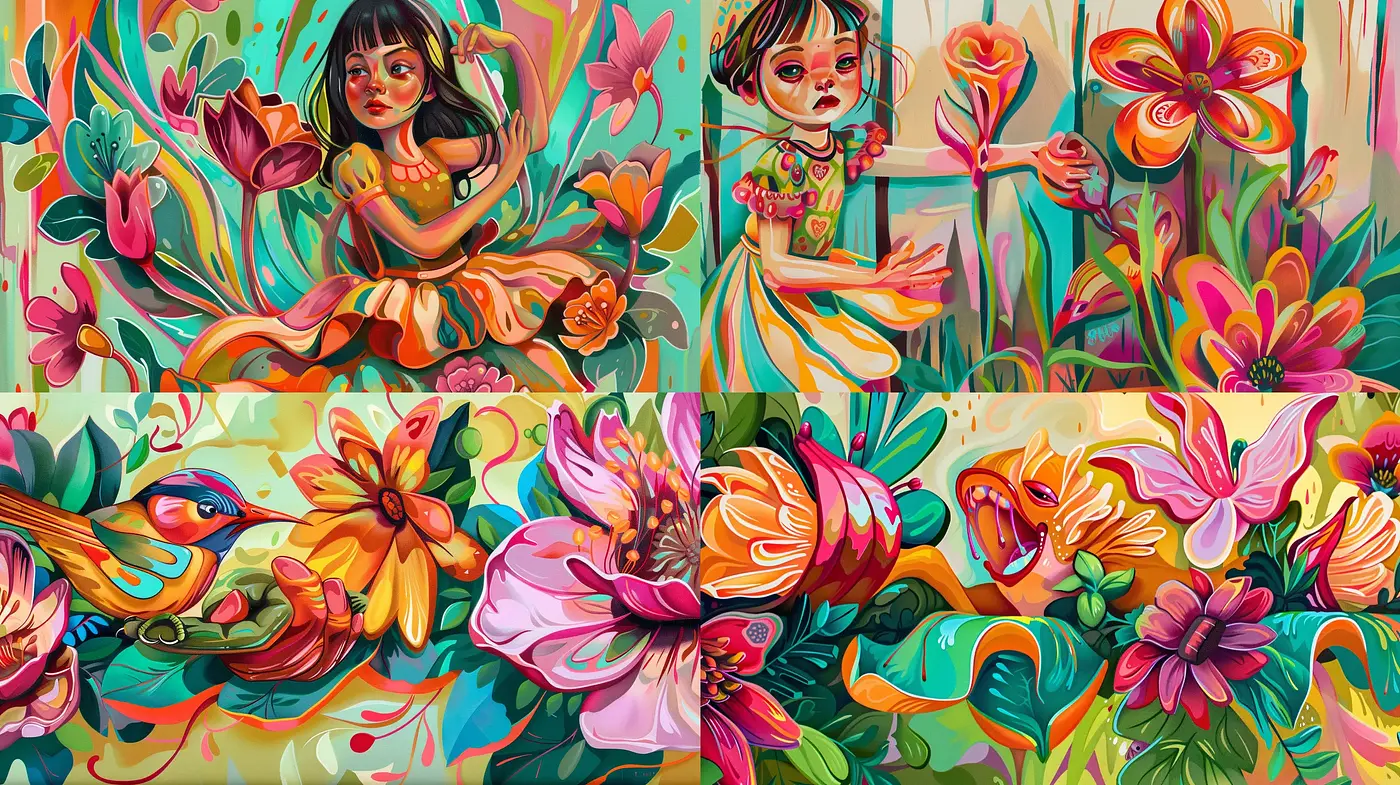 Vibrant Floral Fantasy with Whimsical Characters - Midjourney sref style