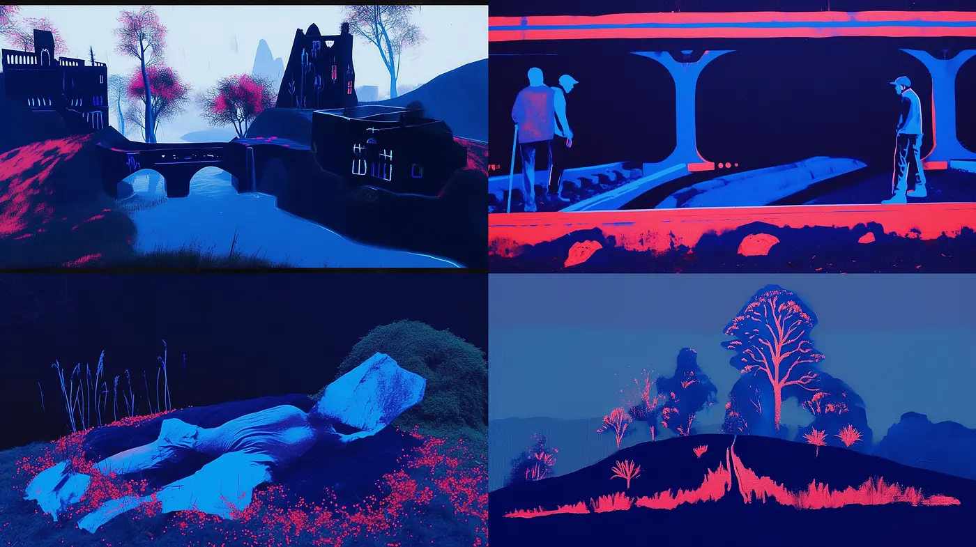 Ethereal Twilight Contrast: A Study in Sapphire and Scarlet - Midjourney sref style