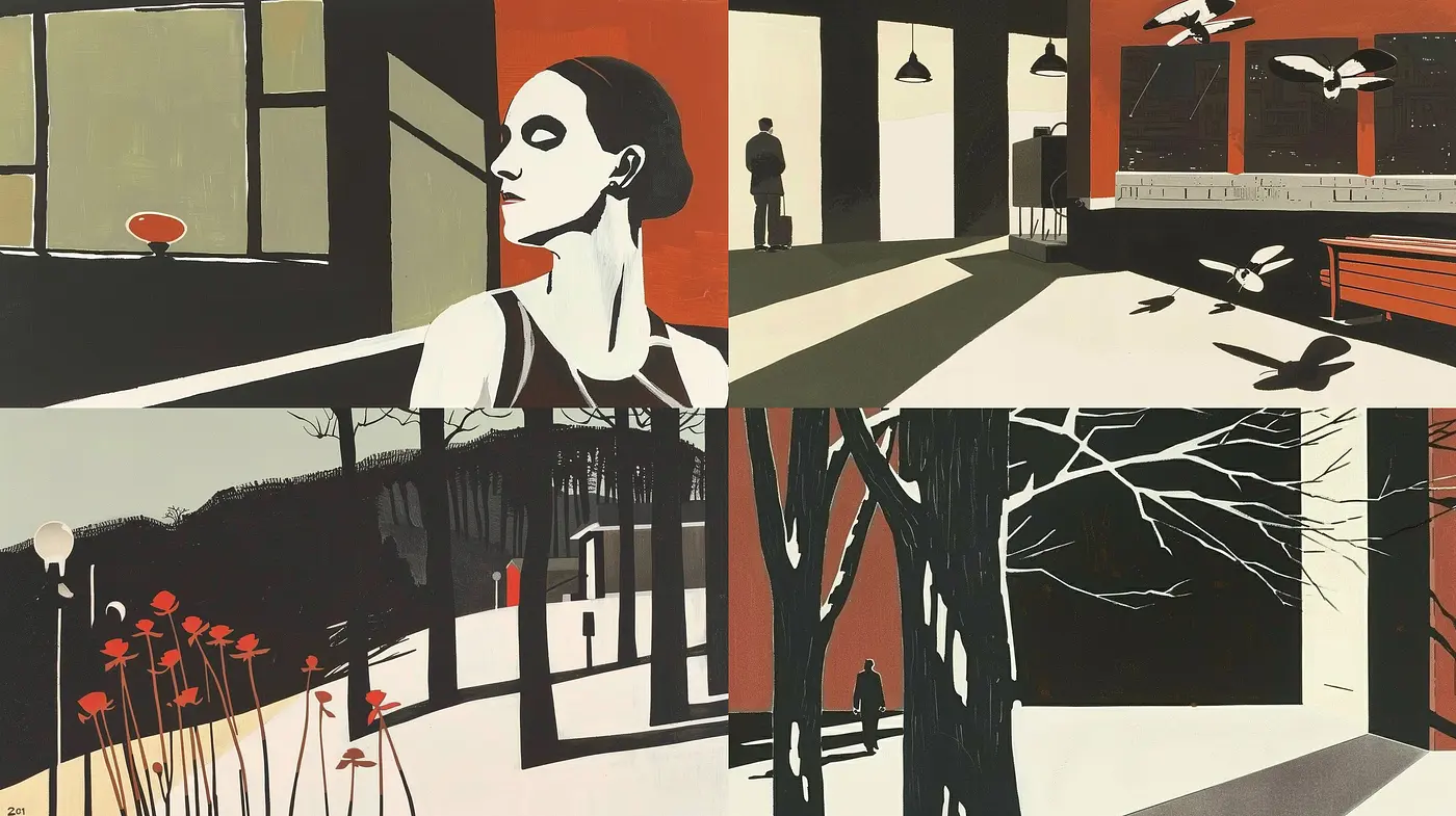 Monochromatic Elegance with Red Accents in Stylized Tableaux - Midjourney sref style