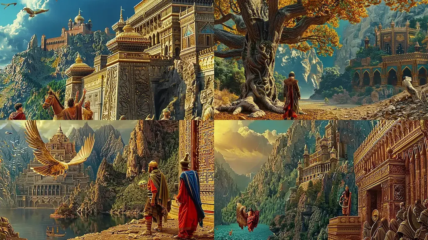 Intricate Fantasy Landscapes with Architectural Majesty and Natural Wonders - Midjourney sref style