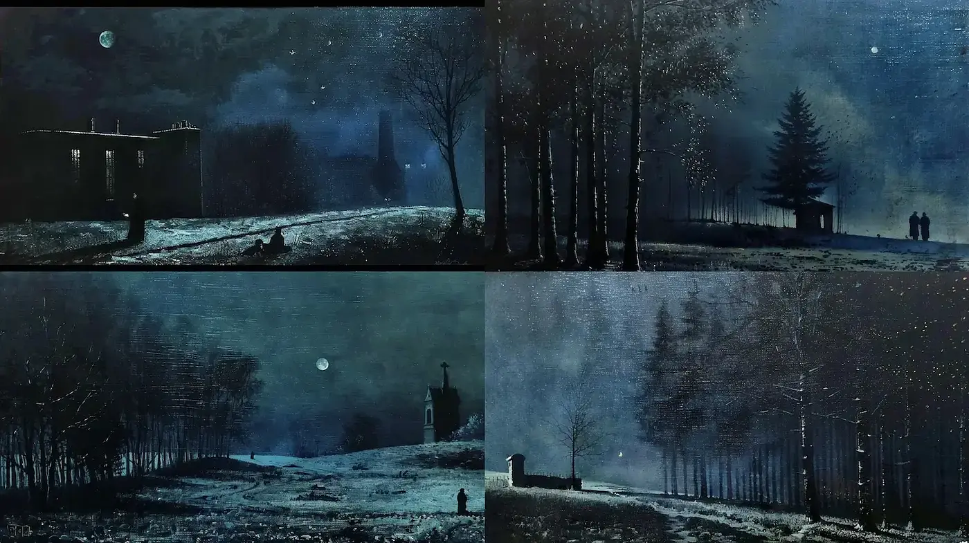 Nocturnal Serenity in Monochrome: A Tranquil Study of Moonlit Landscapes - Midjourney sref style