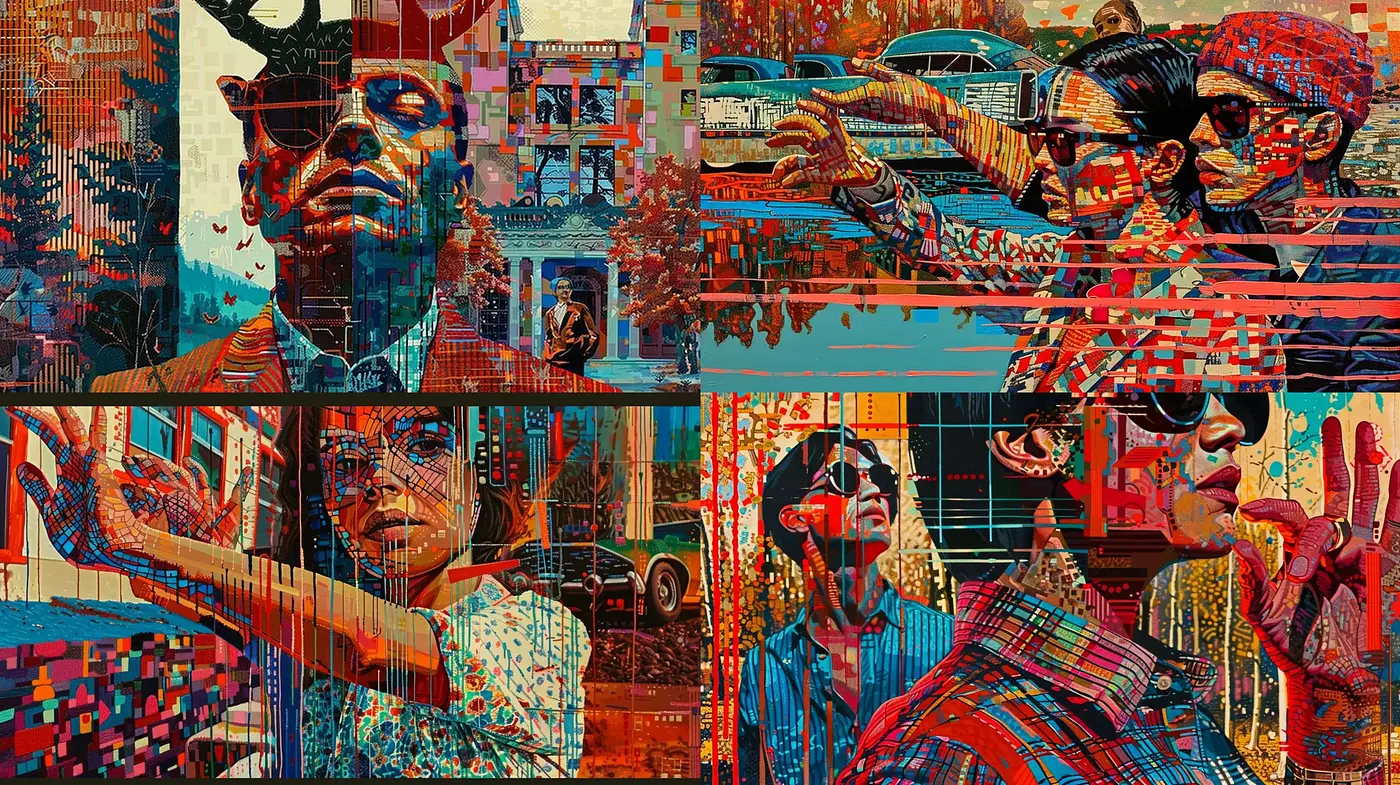 Digitally Fragmented Mosaic Collage with Vibrant Hues - Midjourney sref style