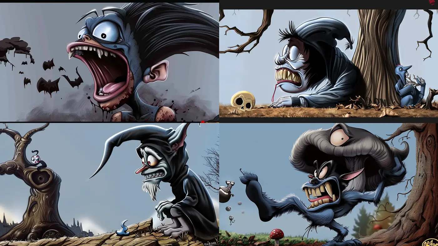 Twilight Grotesque: A Darkly Comical Cartoon Caricature Style - Midjourney sref style