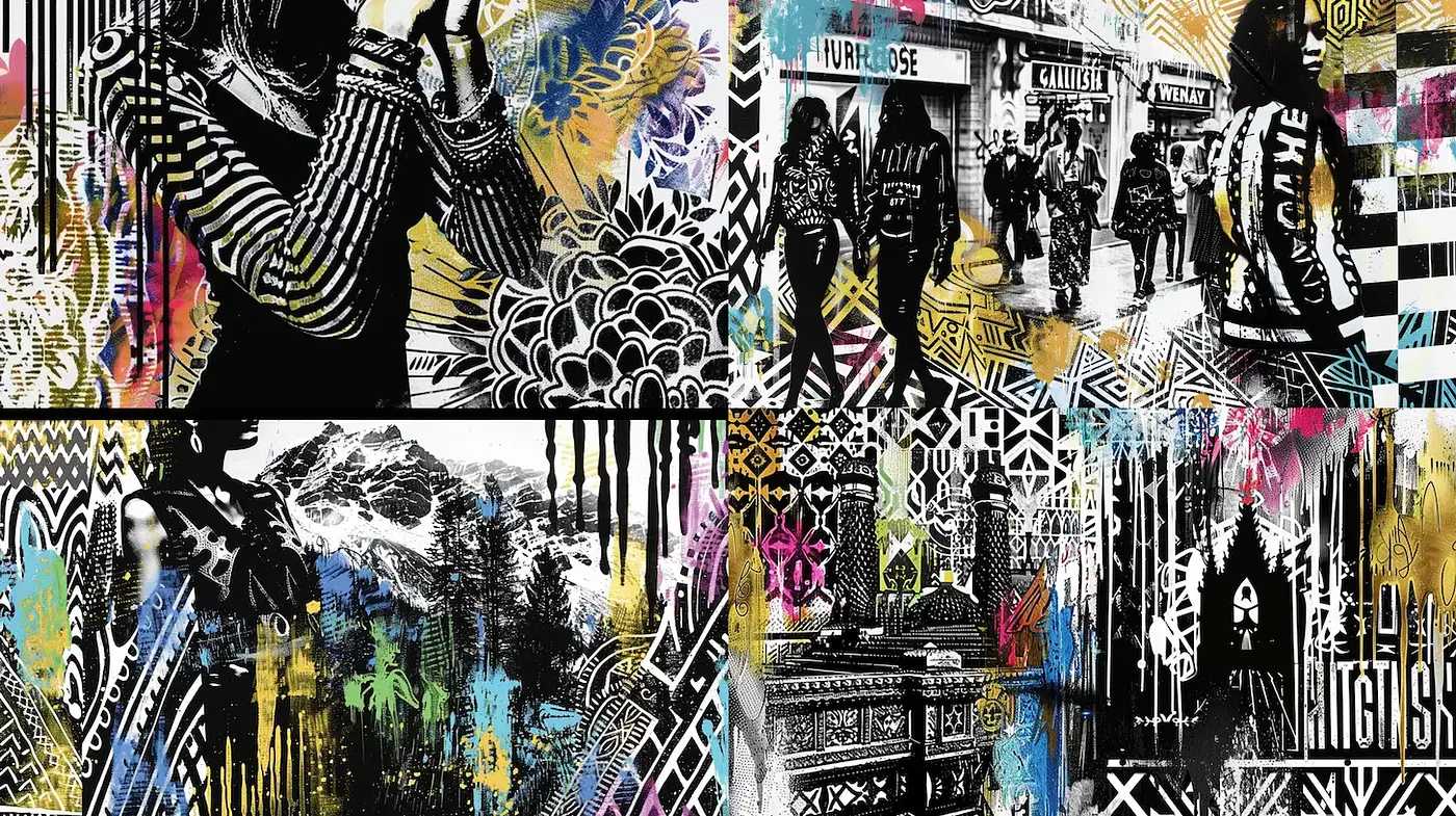 Dynamic and colorful street art with a blend of patterns and textures - Midjourney sref style
