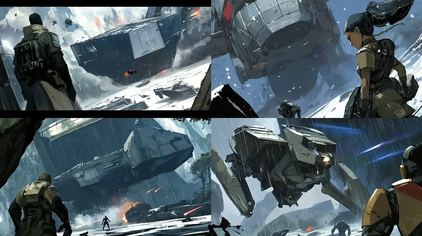Futuristic Military Engagement in a Bleak Dystopian Landscape - Midjourney sref style