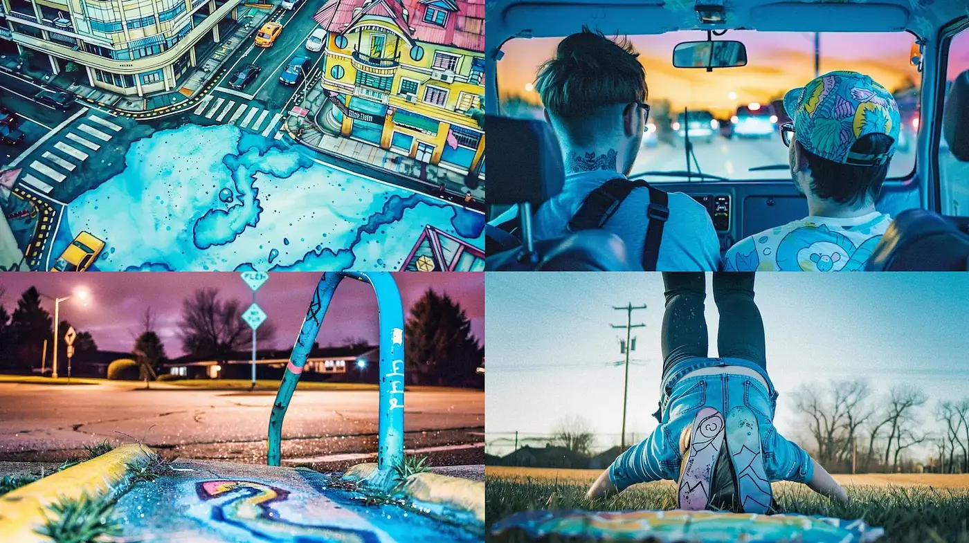 Vibrant Urban Surrealism with a Whimsical Edge - Midjourney sref style